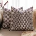 MIULEE Block Print Pillow Covers 18x18 Inch Set of 2, Vintage Floral Throw Pillow Cases Neutral Linen Farmhouse Cushion Covers for Couch Sofa Bed Chair Living Room, Brown