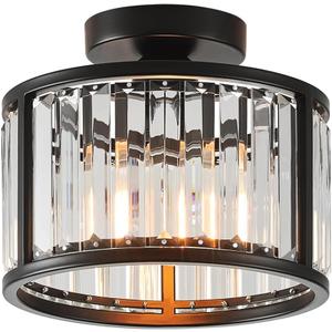 Black Flush Mount Ceiling Light, 2- Light Caged Crystal Chandelier, Small Drum Hallway Light fixtures Ceiling Mount (8.6 INCH Black)