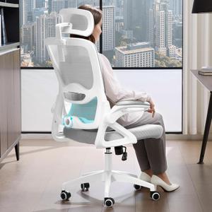 Ergonomic Office Chair,Mesh Office Chair with Lumbar Support,High Back Desk Chair with Flip-up Arms,400 lbs Big and Tall Computer Chair with Headrest,Comfy Desk Chairs (Light Grey), Standard