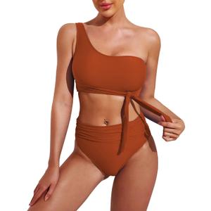 Pink Queen Women's One-Shoulder High-Waisted Bikini Set Two-Piece Tie Ruched Swimsuit, M
