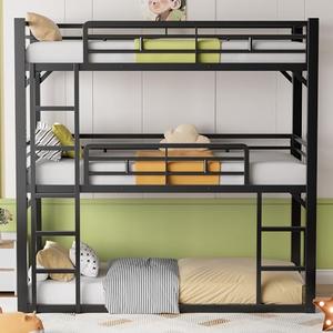 DNYN Twin Triple Bunk Bed with Built-in Ladder, Twin-Over-Twin-Over-Twin Size Metal Bunkbeds w/Safety Guardrails for Kids/Teen/Adults Bedroom, Home Furniture for Dorm, Guest Room, Black