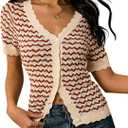 SweatyRocks Women's V Neck Striped Button Down Cardigan Casual Short Sleeve Crochet Sweater (S)