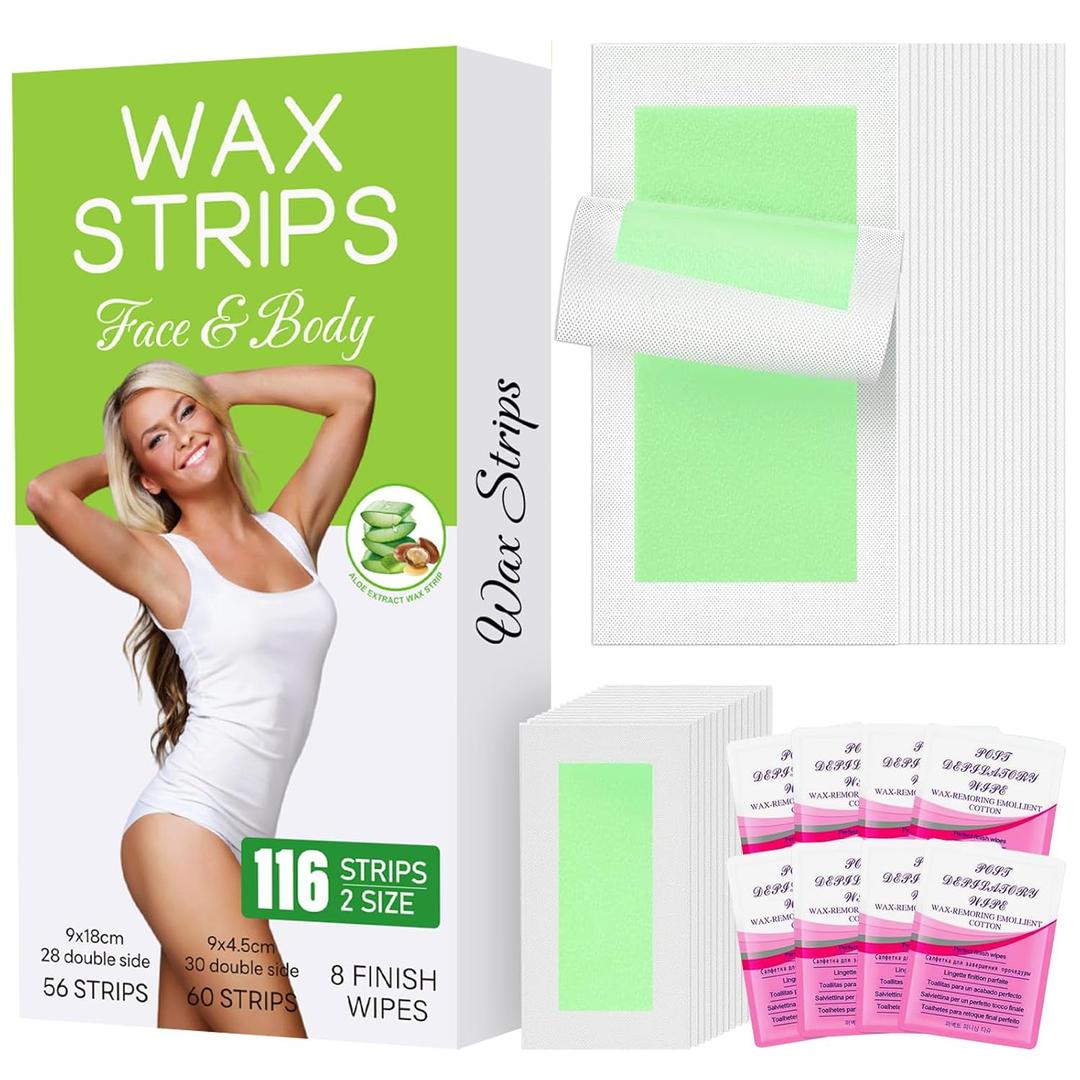 116PCS Wax Strips for Hair Removal, Facial Hair Removal For Women At Home Waxing Kit for Women Face and Body | 116 Waxing Strips & 8 Oil Wipes for All Skin Types