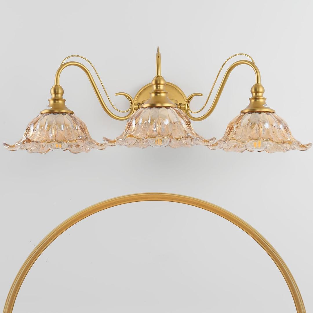 Vintage Bathroom Vanity Light Fixture, 3-Light Antique Matte Brass Finish with Amber Flower-Shaped Glass Shades, E26 Base, 25.2 Inch Over Mirror