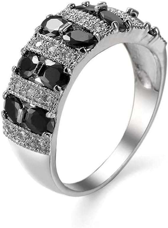WTH OYE 925 Sterling Silver Full Diamond Ring Shiny Black Onyx Ring Oval Cut Cubic Zirconia Promise Rings CZ Black Gem Cocktail Rings Eternity Engagement Wedding Band Ring for Women W.53 (US Code 7)