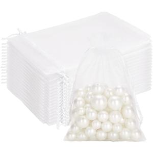 100PCS White Organza Bags, 4x6 in Sheer Mesh Drawstring Gift Bags, Jewelry Pouches Candy Bag for Wedding Favors, Christmas