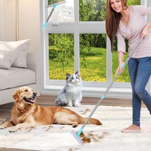 Carpet Rake for Pet Hair Removal, 2 in 1 Pet Hair Remover Tool with Floor/Window Scraper, Adjustable 60 Long Handle, 180 Rotable Metal Head, Reusable Hair Rake for Cleaning Dog, Cat, Matted Carpet