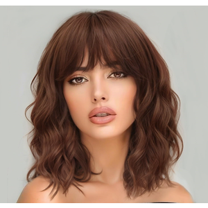 Wavy Curly Bob Wig with Bangs Cooper Blonde Short Wavy Hair for Women Synthetic Heat Resistant Bob Wigs, Brown