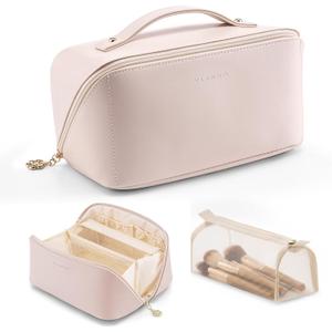 VLANDO Makeup Bag,Travel Toiletry Bag,Cosmetic Bag for Women PU Leather Portable Make up Bag for Skincare, Brushes & Travel Essentials-Apricot Pink