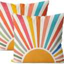 Summer Pillow Covers 16x16 Set of 2 Colorful Stripes Yellow Sunshine Throw Pillows Outdoor Boho Rainbow Sun Decorative Pillow Cases Linen Modern Farmhouse Cushion Case for Home Bedroom Decor