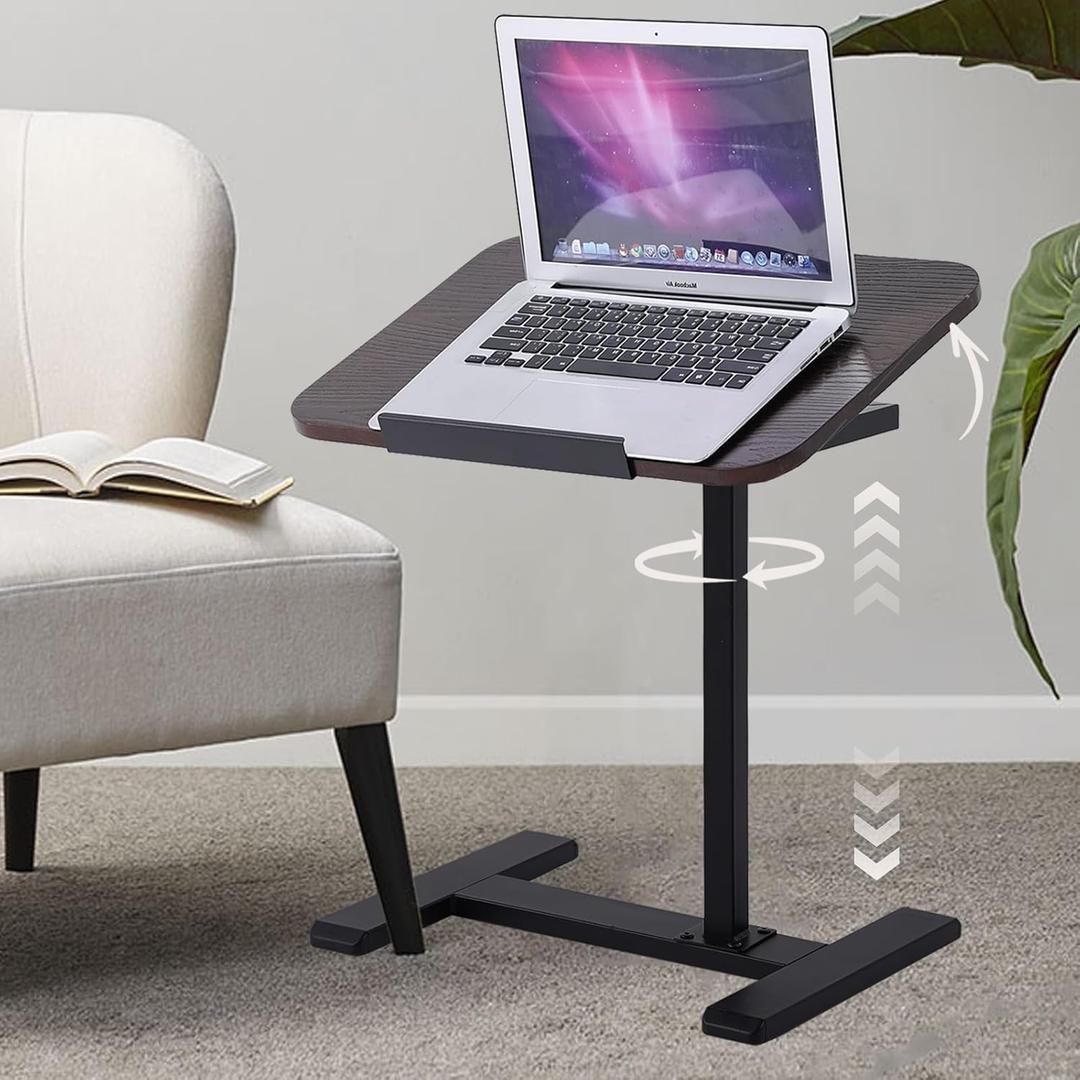 Solid Wood C-Shaped Side Table,360 Rotating TV Tray Table,Height-Adjustable,Sliding Sofa Table,Rolling Laptop Desk for Living Room and Bedroom Use with Sofa,Bed,Chair-Walnut