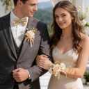 Serwalin Champagne Rose Corsage and Boutonniere Set, 2 Pcs Boutonniere and Wrist Corsage Wristlet Prom Flowers Wedding Ceremony Party Accessories Suit Decorations
