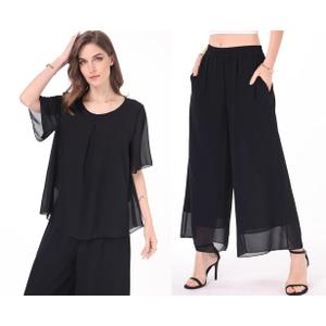 Women's 2 Piece Chiffon Sets Outfits Flowy Summer Casual Dressy Pantsuits Loose Double Layers Blouse Pants Sets Black, Size XL