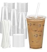 Clear Plastic Cups With Flat Lids,16oz Disposable Iced Coffee Cups with Straws