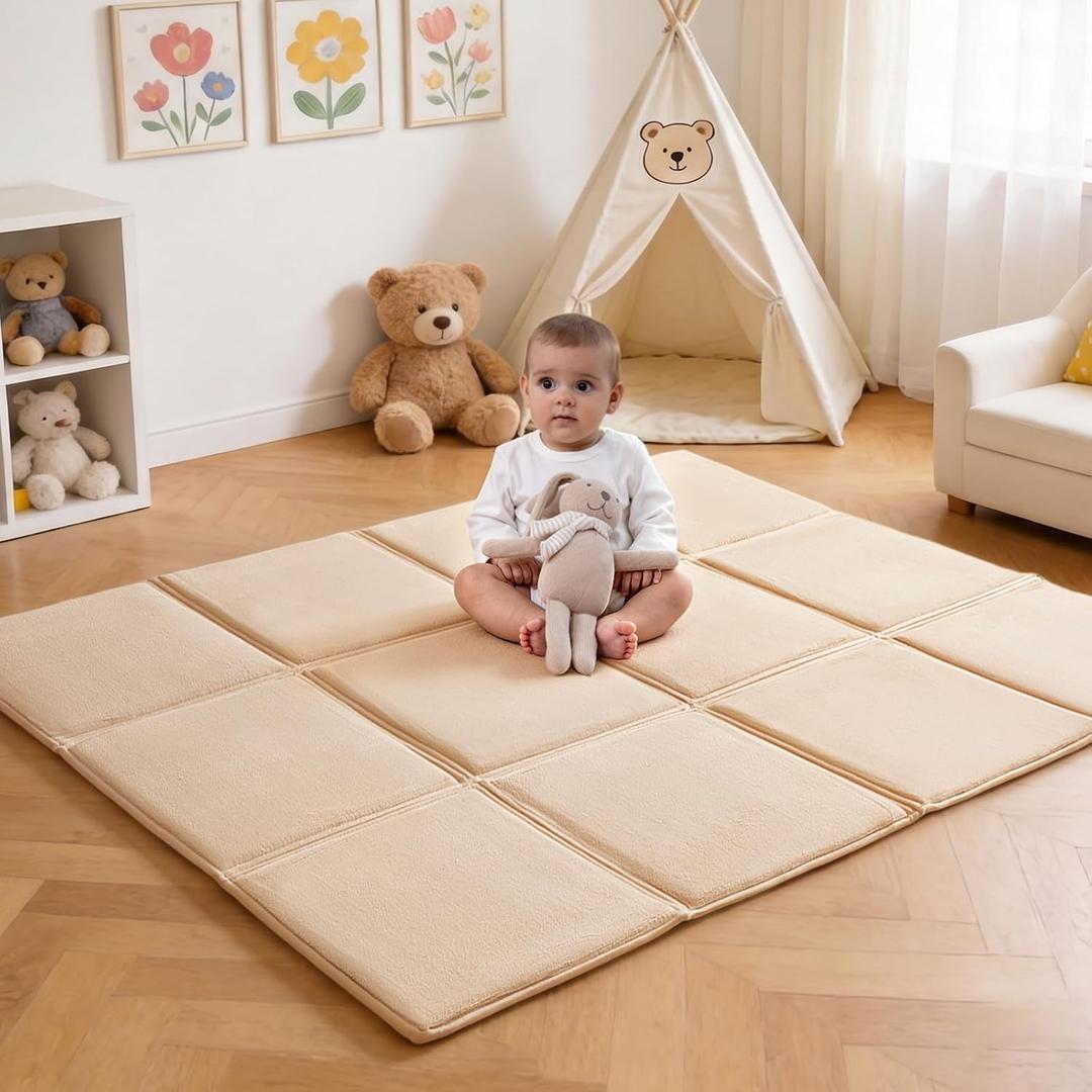 Goyuu Foldable Baby Play Mat, 59x71 Inch Soft Velvet Playpen Mat, 0.8" Thick Cushioned Crawling Tummy Time Mat, Non-Slip Water-Resistant Easy Clean Portable for Babies & Toddlers,Beige