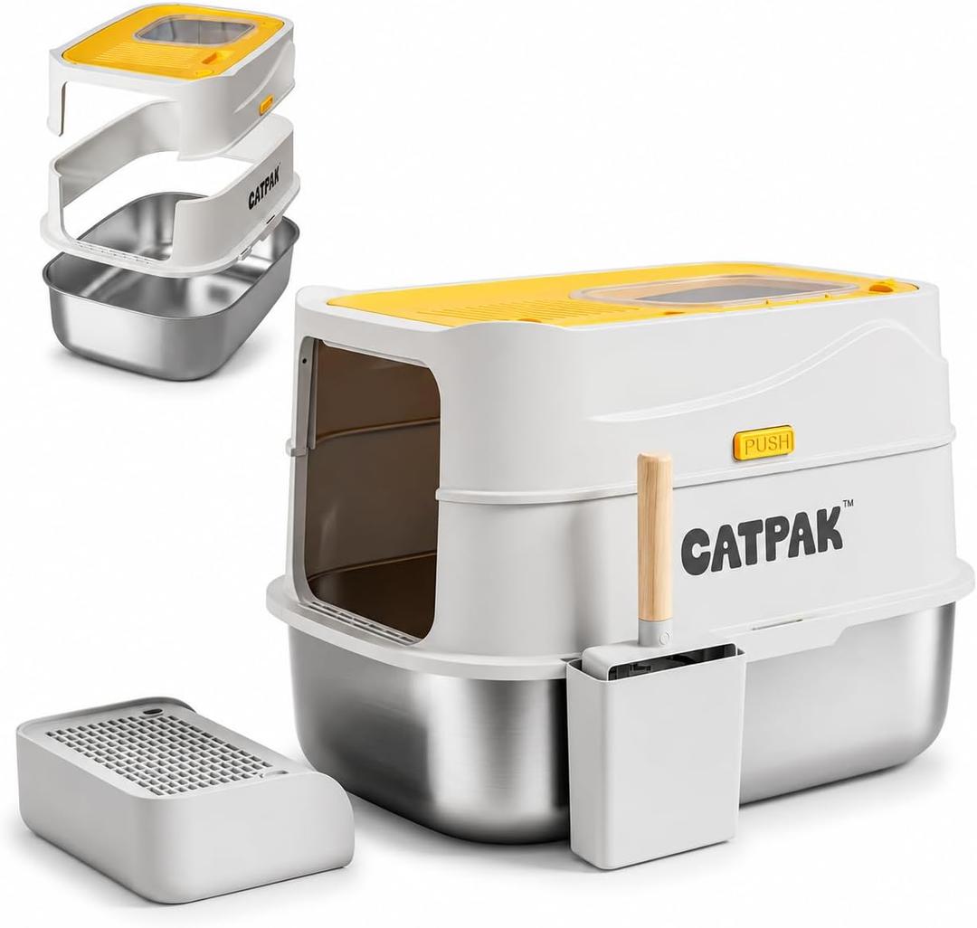 Stainless Steel Cat Litter Box with Removable Cover – Large Enclosed Litter Box with Front & Top Entry, Includes Litter Mat and Scoop for Easy Cleaning (X-Large)