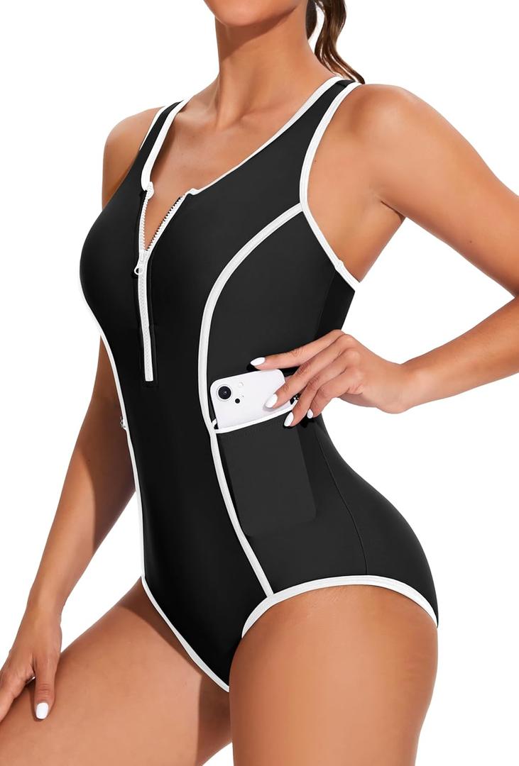 beautyin Women Zipper One Piece Swimsuit Athletic Racerback Bathing Suit with Pockets (Medium, Black)
