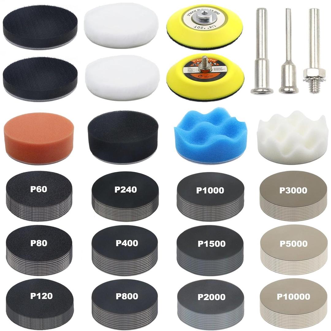 133PCS Sanding Disc Drill Polishing Kit Sanding Attachment, 3 Inch Wet Dry Sander Sheets Headlight Restoration Kit, Hook and Loop Sandpaper with Backing Pad, Polishing Pads for Car Wood Metal Glass