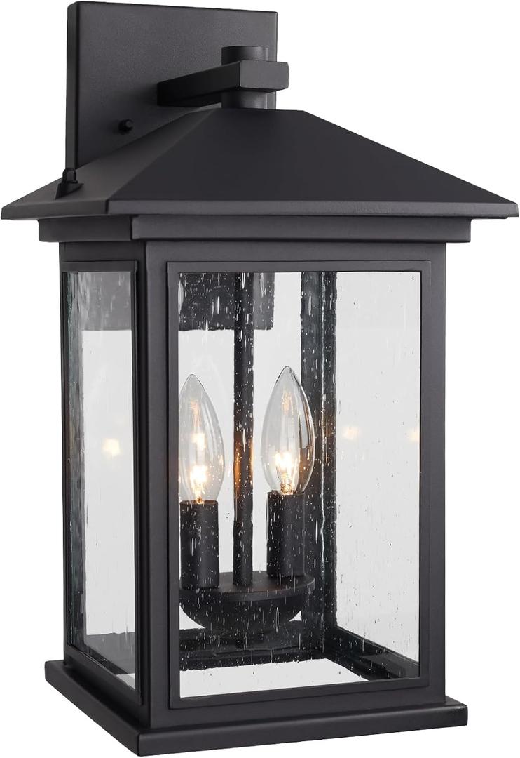 Outdoor Wall Light Fixtures, 16 Inch Waterproof Square Lanterns, 2-Light Exterior Porch Sconces Lighting with Seeded Glass Shade, Modern Black Lamps for Patio Front Door Entryway (Medium)