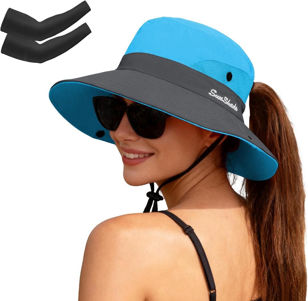 Women's Ponytail Safari Sun Hat,Wide Brim UV Protection Bucket Hat | Foldable Fishing Hat,Summer Hats,Ventilation Mesh,Breathable,Soft Sweatband,Travel, Summer, Hiking, Gardening, Beach, Outdoor