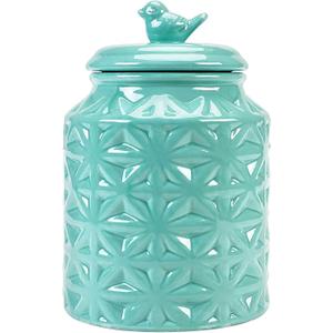 MyGift Vintage Turquoise Ceramic Kitchen Jar with Lid, Cookie Jar Storage Containers Airtight with Embossed Star and Bird Design