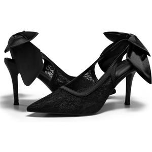 Coutgo Womens Slingback High Heels Bow Closed Pointed Toe Lace Patchwork Party Dress Shoes (8.5, Mesh Black)