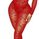Kafiloe Birthday Outfits for Women Sexy 2 Piece Outfits Clubwear Mesh Lace Bodysuit Top Bodycon Flare Pants Set (Small, Red)