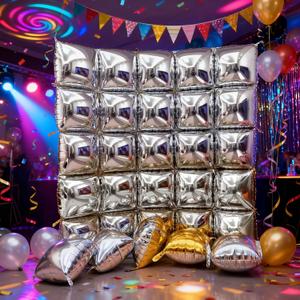 50pcs Square Foil Silver Balloons Wall Backdrop Double Sided Wedding Mylar Balloon Tunnel Arch Garland Kit Bachelorette Valentine's Day Gold and Silver Birthday Balloons for Party Decorations
