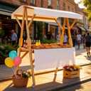 Market Stall Frame Carts Width 59" Outdoor Pine Wood Street Food Vendor Cart with Canopy Folding Vendor Stall Cart with Wheels for Beaches or Festivals (White)