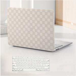 for MacBook Air 13.6 inch Case 2022-2026 M5 M4 A3240 M3 A3113 M2 A2681,Checkered Textured Cream Leather Hard Shell Case No Logo Cutout&Keyboard Cover for Mac Air 13.6 Laptop,Beige Checkerboard