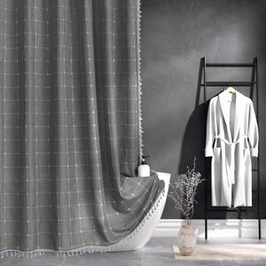Charcoal Grey Shower Curtain, Boho Farmhouse Linen Textured Heavy Duty Cloth Shower Curtains for Bathroom, Bohemian Chic Modern Vintage Fabric Shower Curtain Set with Tassels,Waterproof, 72x72