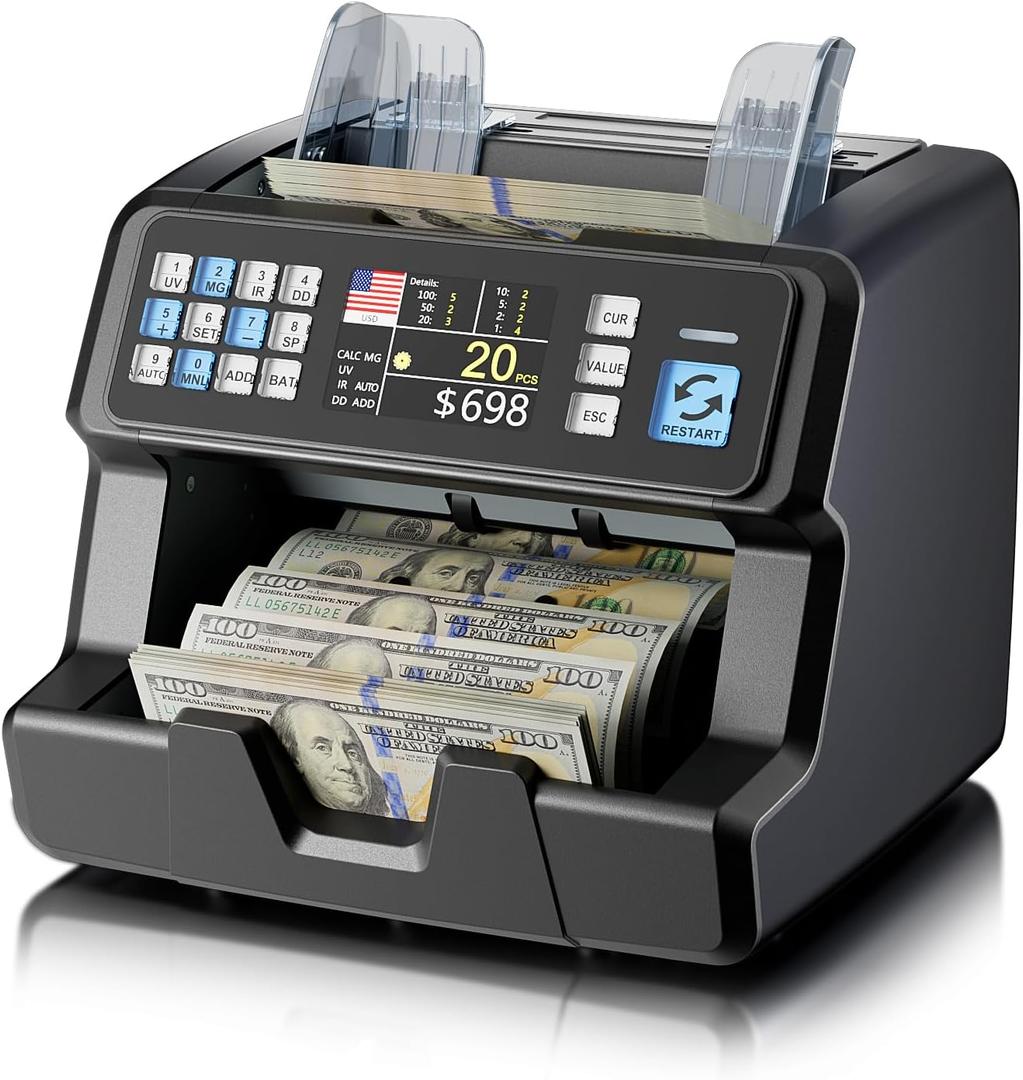Aneken Money Counter with Value Count for USD/EUR/CAD, UV/MG/IR/DD/MT Counterfeit Detection, Top-Loading Bill Counter, 3.5" TFT Display, Batch & Add Functions, 3 Speeds, Up to 1,500 Notes/Min