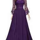 MISSMAY Women's Formal Lace Chiffon Bell Sleeve Wedding Party Long Dress Size S