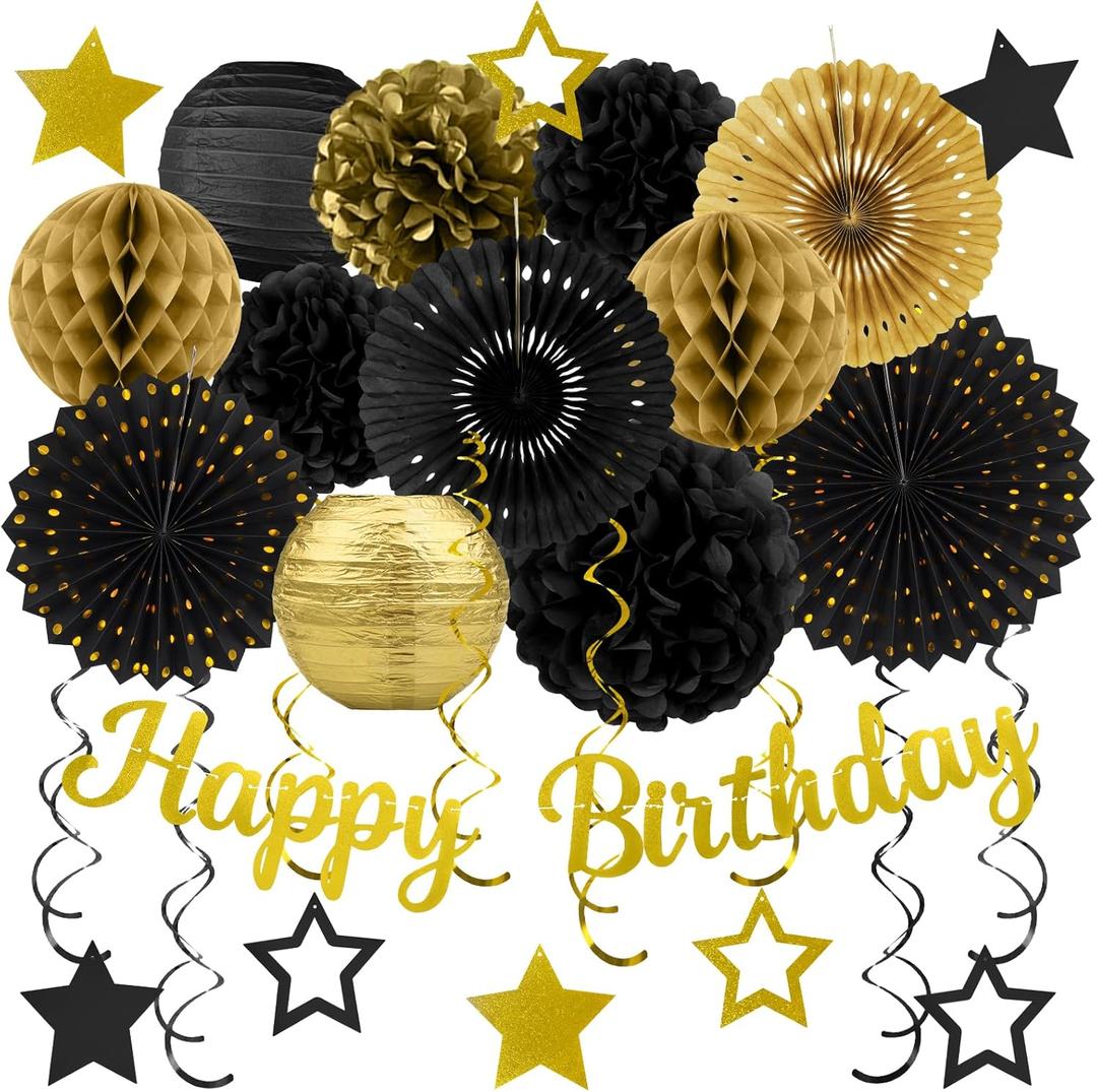 Black Gold Birthday Party-Decorations - 29pcs Black Gold Party Decorations for Men Women, Happy Birthday Banner Paper Streamers Lanterns Tissue Pom Poms - ZERODECO