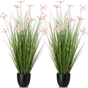 Jexine 2 Pack 3ft/35inch Artificial Outdoor Grass Plant Tall Faux Greenery Grass in Pot with Fake Pink Cosmos for Housewarming Wedding Gifts Spring Home Office Indoor Outdoor Decor