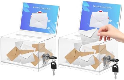 KYODOLED Clear Donation Box for Fundraising, Suggestion Box with Lock and Key, Raffle Box for Tickets with Sign Holder, Tip Jar for Event and Organization, 6.2"x4.6"x4", 2PACK(Sign Card Not Contain)