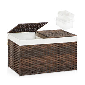 Storage Basket with Lid Rattan Woven Storage Baskets with 2 Separate Lids, 17.2 Gallon (65 L), 22 x 13 x 13.8 Inches,Foldable, 2 Removable Liner Bags Handles for Bedroom, Laundry Room Brown