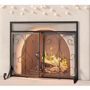 Calidola Large Flat Fireplace Screen with Doors, Wrought Iron Frame with Metal Mesh, Flat Panel Decorative Fireplace Screen with Scroll Design, Free Standing Spark Guard, Black