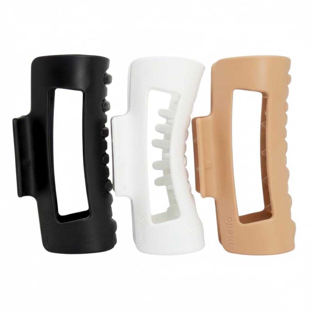 The Original Mello Hair Claw Clip Squishy Claw Clip Made in Korea Patent Pending 30021976 (Black, White, Brown, 3 Pack Medium)
