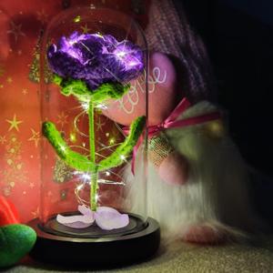 Handmade Crochet Purple Rose Flower in Glass Dome with LED Light