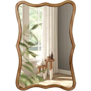 ULIKE Wavy Mirror for Bathroom, 24"x36" Rustic Farmhouse Wood Mirror for Wall Decor, Modern Decorative Vanity Mirrors for Bedroom Living Room Entryway, Brown (24"L x 36"W, Rustic Wood)