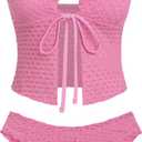 seamoly Women's Tankini Sets Tie Front Ruffle Bikini Set High Cut Thong Two Piece Swimsuit Floral Gingham Bathing Suit, L