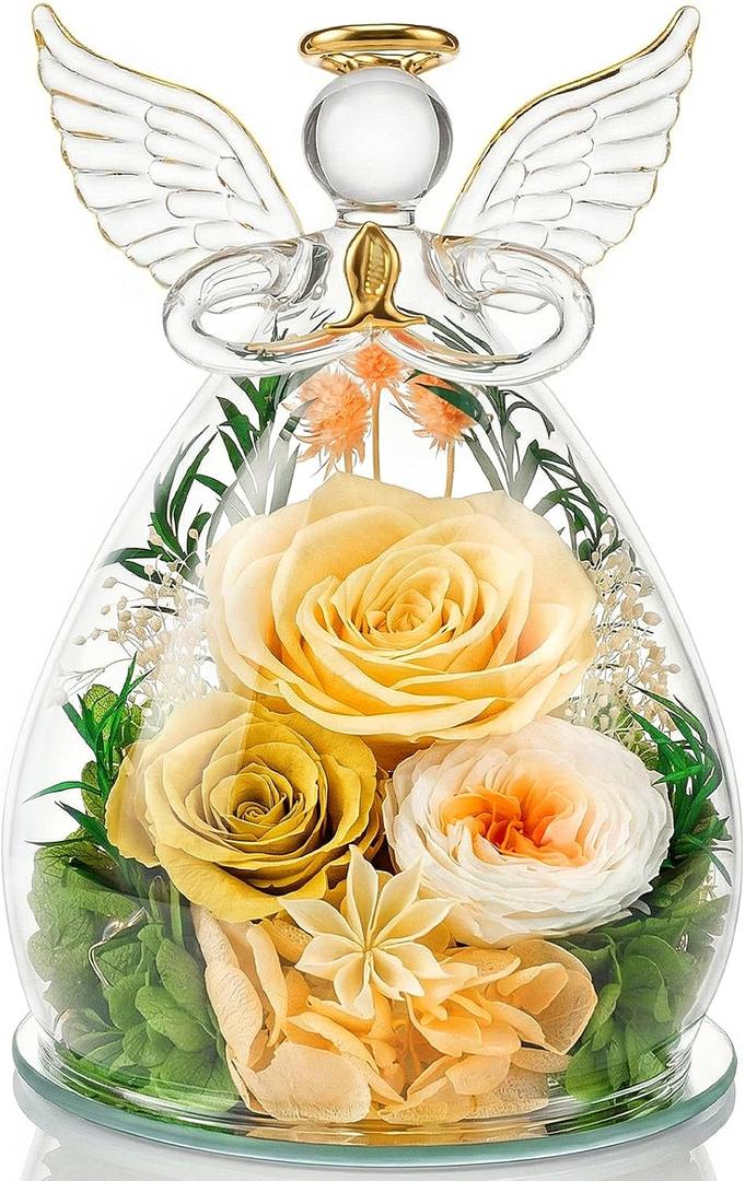 Preserved Rose in Glass Angel Figurine, Mothers Day Gifts for Mom/Wife/Grandma, Forever Flowers Rose Anniversary, Graduation or Birthday Gifts for Women Her (Champagne)