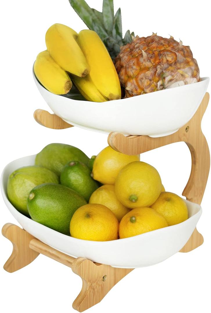 2 Tier Fruit Basket,Ceramic Fruit Bowl for Kitchen Counter,Fruit Basket for Kitchen,Fruteros para Cocina,Large White