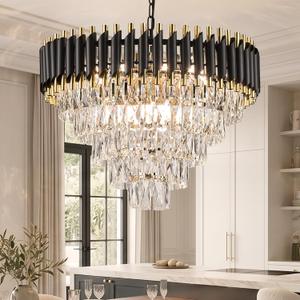 Modern Crystal Chandelier, 12-Light Round Tiered Chandelier, 24" Black Metal Pendant Light, Adjustable Hanging Ceiling Fixture for Foyer Living Room Dining Room, Luxury Raindrop Lighting, 23.5 inches