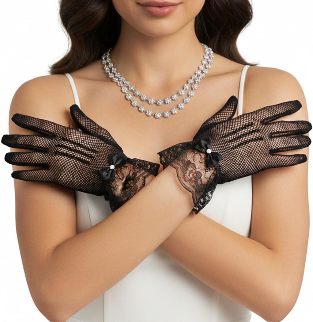 Lace Black Gloves Tea Party Short Fishnet Bow Gloves Costume for Women