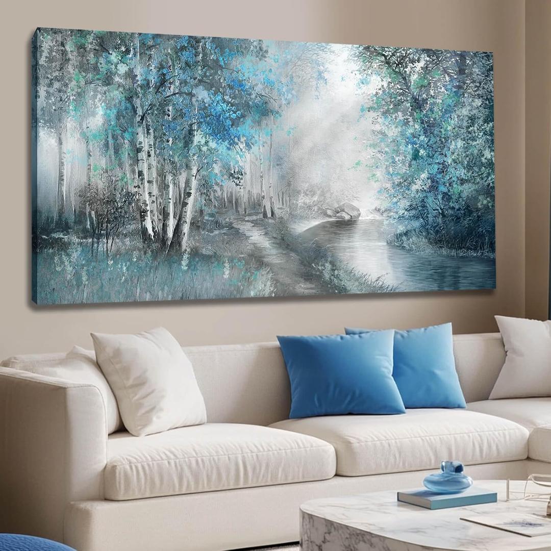 SOUGUAN Forest Wall Art for Living Room Foggy Tree Artwork Sunlight Wall Decor Nature Wall Decorations on Canvas 24"x48" Wall Paintings Ready to Hang (Blue)