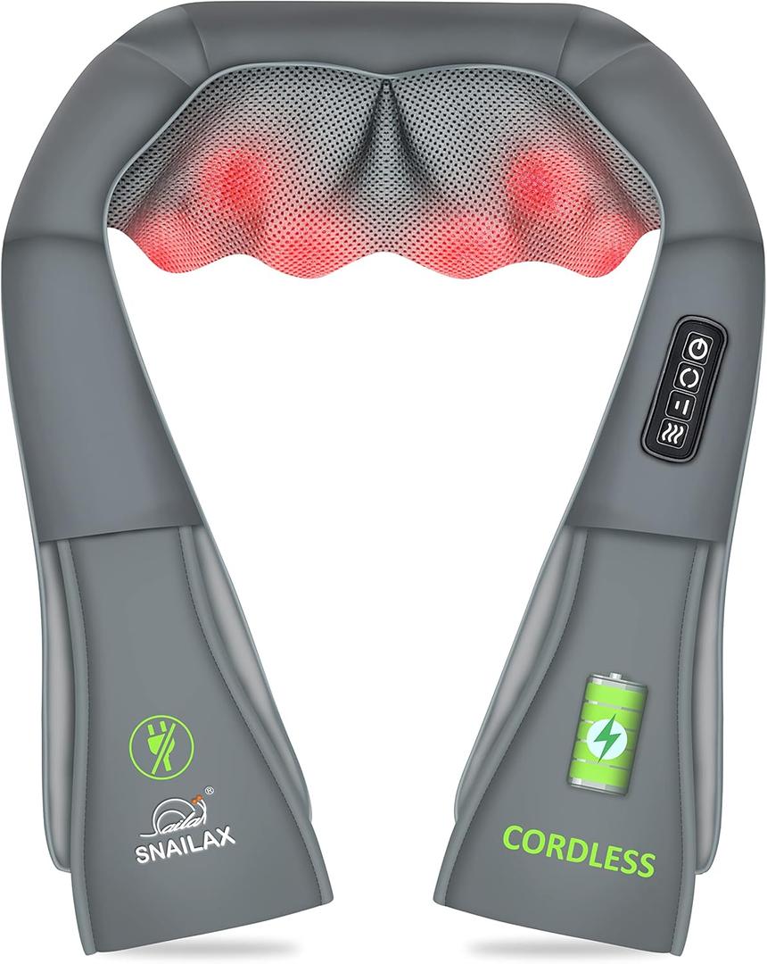 Snailax Cordless Neck Massager, Shiatsu Back Shoulder Massager with Heat, Portable Rechargeable Massagers for Neck and Back Pain Relief, Electric Massager Pillow, Gift for Women,Men(Grey)