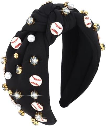 YARIEW Wide Knotted Jeweled Baseball Headband for Women Girls - Top Knot Sports Accessories for Game Day, Fan Mom, Halloween Gifts (Black)