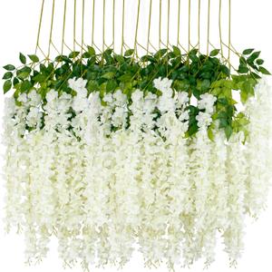 12Pcs Artificial Wisteria Flowers 3.6 Feet/Piece White Dense Artificial Fake Wisteria Vine Ratta Hanging Garland Silk Flowers String Home Party Wedding Decor(White-Dense)